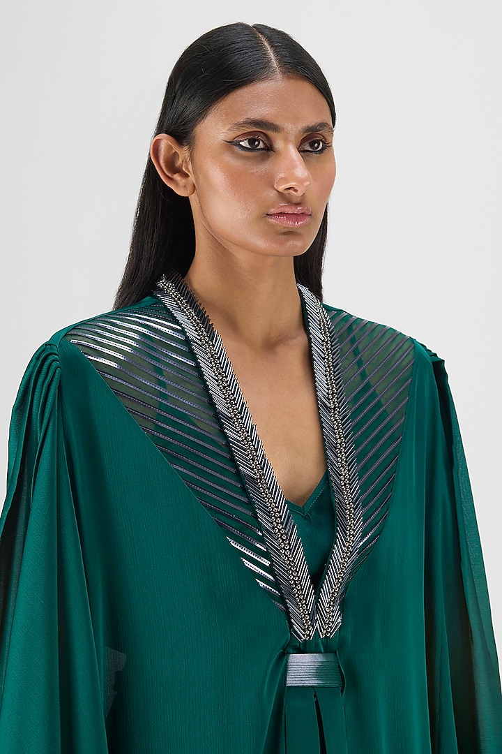 Emerald Green Chiffon & Polyester Metallic Structured Cape by Amit Aggarwal at Pernia's Pop Up Shop