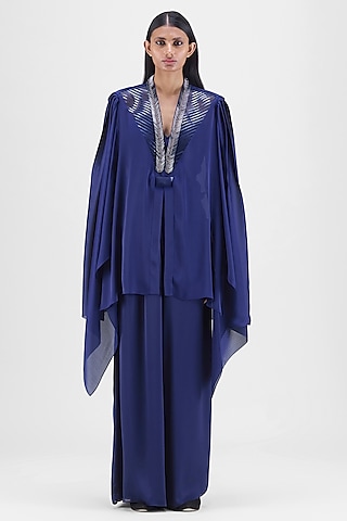Ink Blue Chiffon & Polyester Metallic Structured Cape by Amit Aggarwal