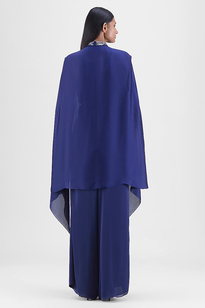 Ink Blue Chiffon & Polyester Metallic Structured Cape by Amit Aggarwal at Pernia's Pop Up Shop