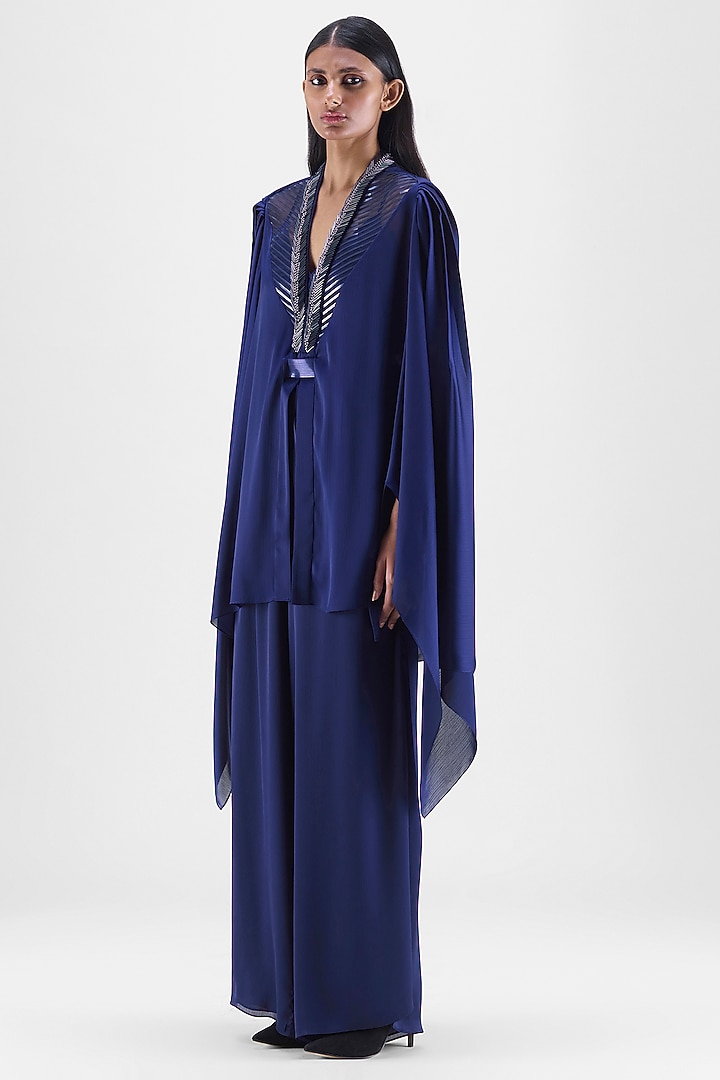 Ink Blue Chiffon & Polyester Metallic Structured Cape by Amit Aggarwal at Pernia's Pop Up Shop