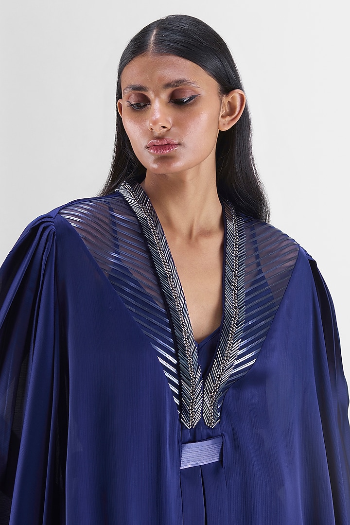 Ink Blue Chiffon & Polyester Metallic Structured Cape by Amit Aggarwal at Pernia's Pop Up Shop
