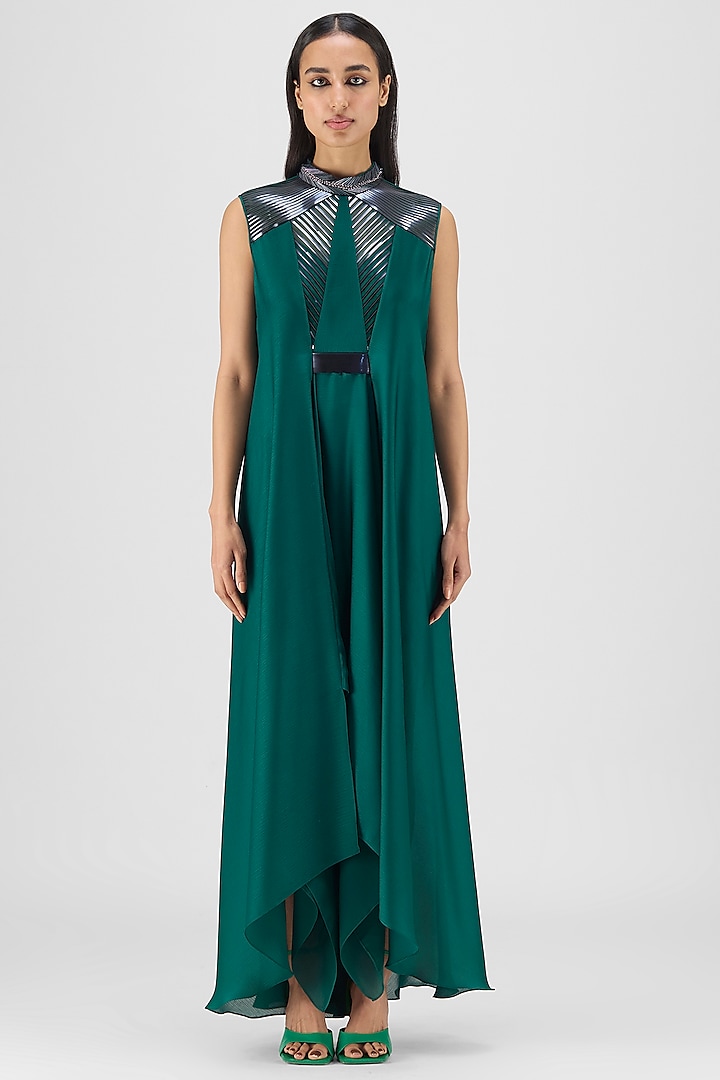 Emerald Green Chiffon & Polyester Metallic Draped Paneled Cocktail Dress by Amit Aggarwal at Pernia's Pop Up Shop