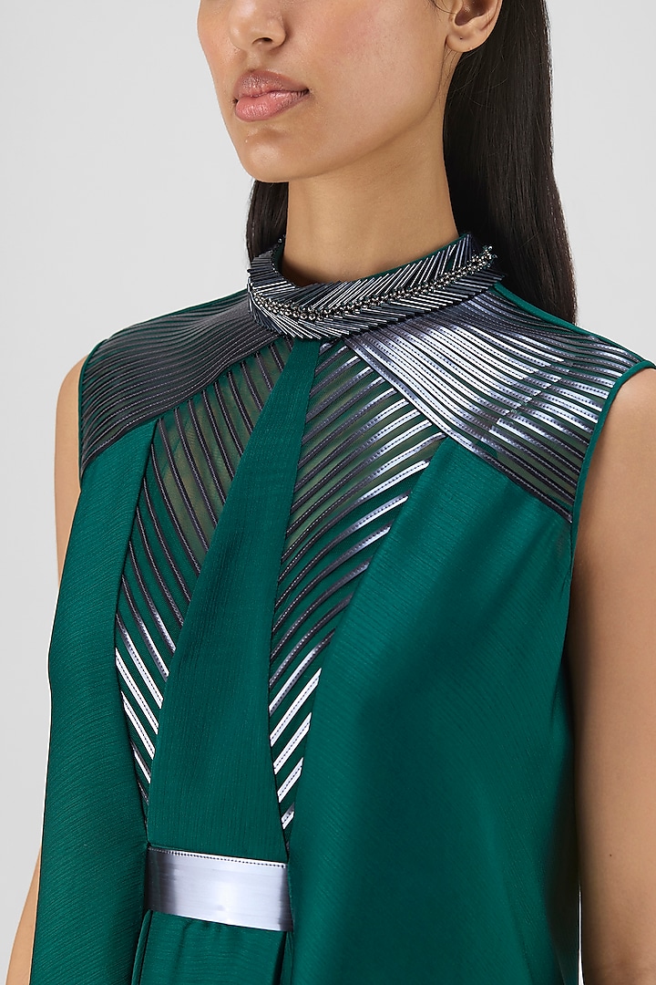 Emerald Green Chiffon & Polyester Metallic Draped Paneled Cocktail Dress by Amit Aggarwal at Pernia's Pop Up Shop