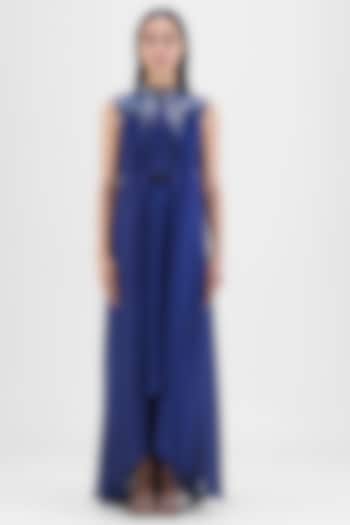 Ink Blue Chiffon & Polyester Metallic Draped Paneled Cocktail Dress by Amit Aggarwal at Pernia's Pop Up Shop
