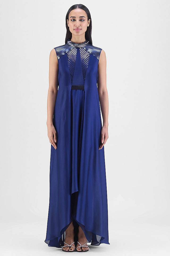 Ink Blue Chiffon & Polyester Metallic Draped Paneled Cocktail Dress by Amit Aggarwal at Pernia's Pop Up Shop