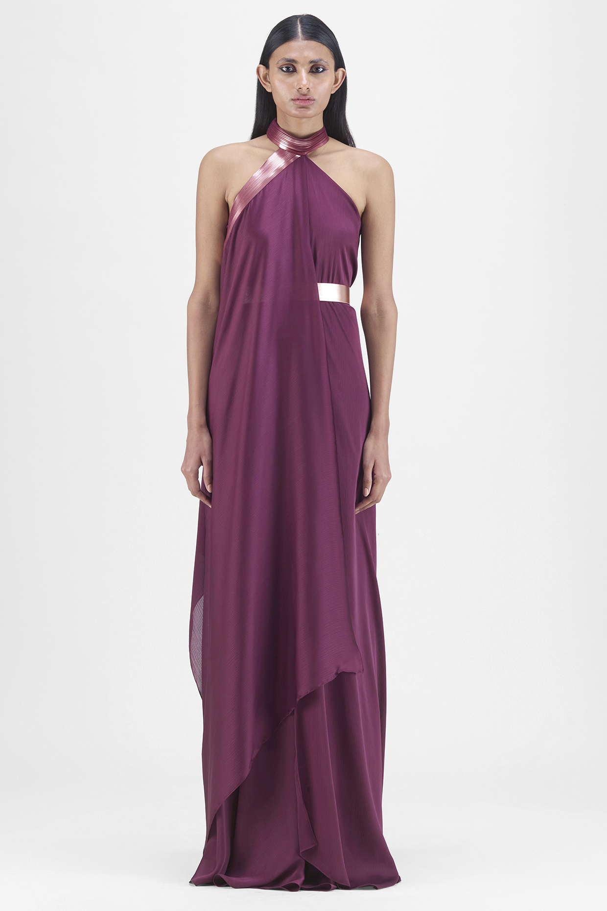 Plum Chiffon Polyester Metallic Draped Halter Dress by Amit Aggarwal at Pernia s Pop Up Shop 2024