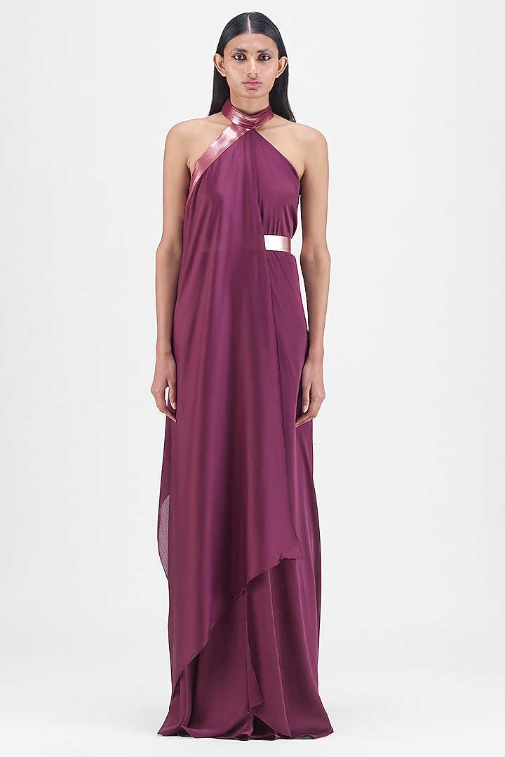 Plum Chiffon & Polyester Metallic Draped Halter Cocktail Dress by Amit Aggarwal at Pernia's Pop Up Shop