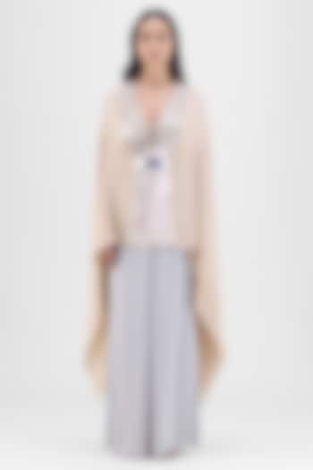 Sand Beige Chiffon & Polyester Metallic Draped Cape by Amit Aggarwal at Pernia's Pop Up Shop