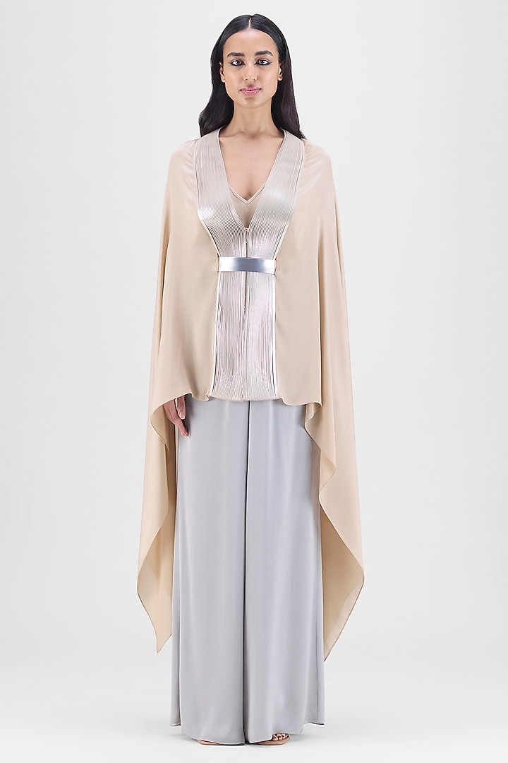 Sand Beige Chiffon & Polyester Metallic Draped Cape by Amit Aggarwal at Pernia's Pop Up Shop