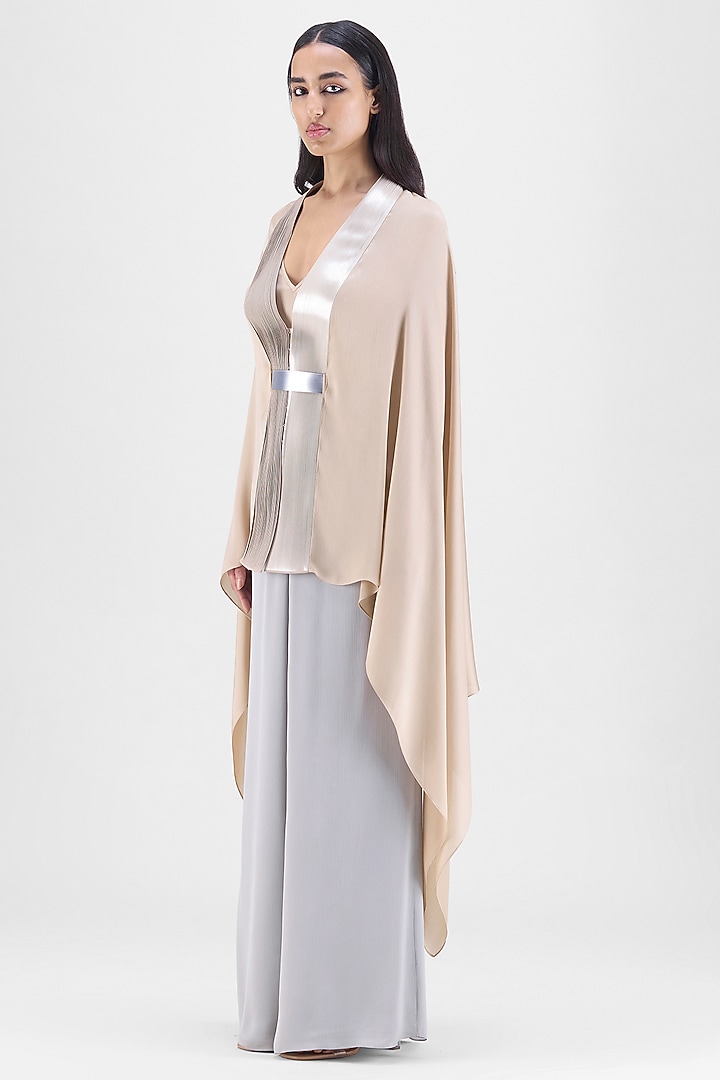 Sand Beige Chiffon & Polyester Metallic Draped Cape by Amit Aggarwal at Pernia's Pop Up Shop