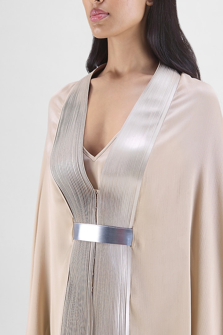Sand Beige Chiffon & Polyester Metallic Draped Cape by Amit Aggarwal at Pernia's Pop Up Shop