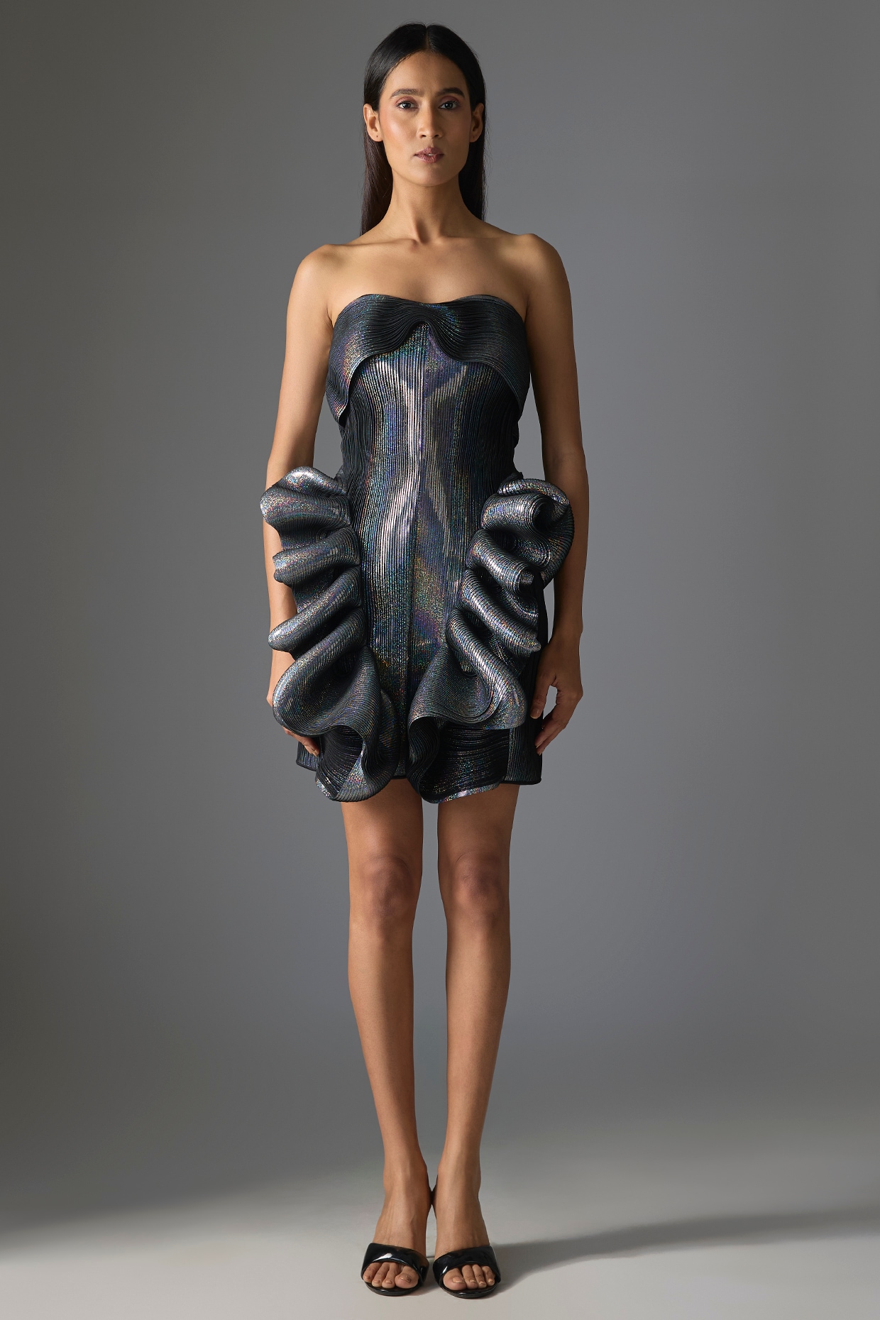 Amit Aggarwal Silver Butterfly Net Ruffled Off-Shoulder Dress