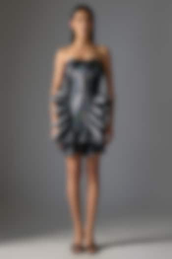 Silver Butterfly Net Ruffled Off-Shoulder Party Wear Dress by Amit Aggarwal at Pernia's Pop Up Shop