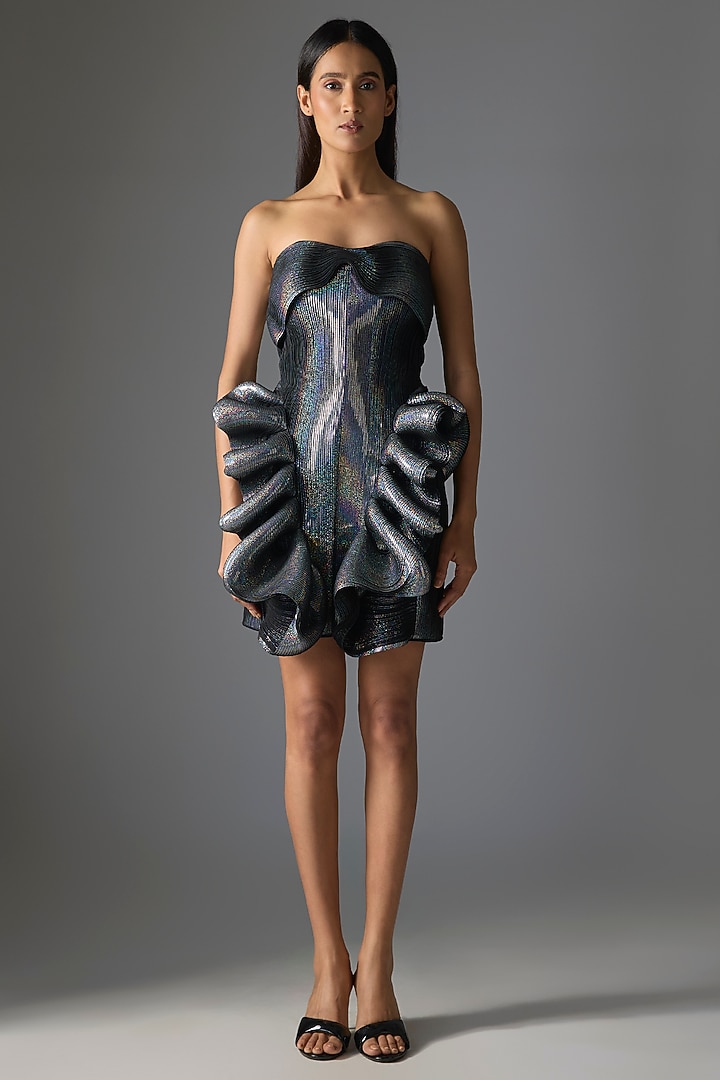 Silver Butterfly Net Ruffled Off-Shoulder Party Wear Dress by Amit Aggarwal at Pernia's Pop Up Shop