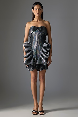 silver knee length dresses Fitted Sheer Neck Sequin Beaded Knee Length Cocktail Dress