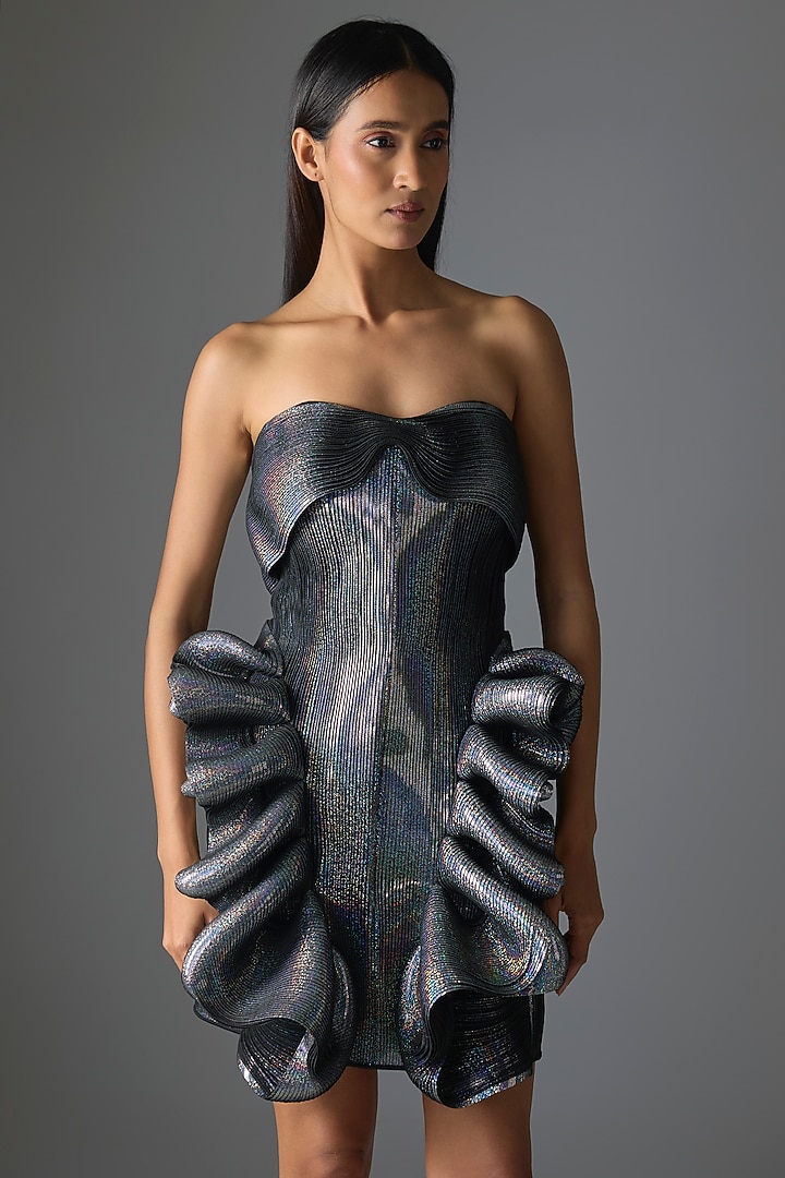 Silver Butterfly Net Ruffled Off-Shoulder Party Wear Dress by Amit Aggarwal at Pernia's Pop Up Shop