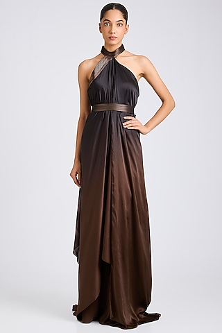 Brown Ombre Satin Chiffon Dress by Amit Aggarwal