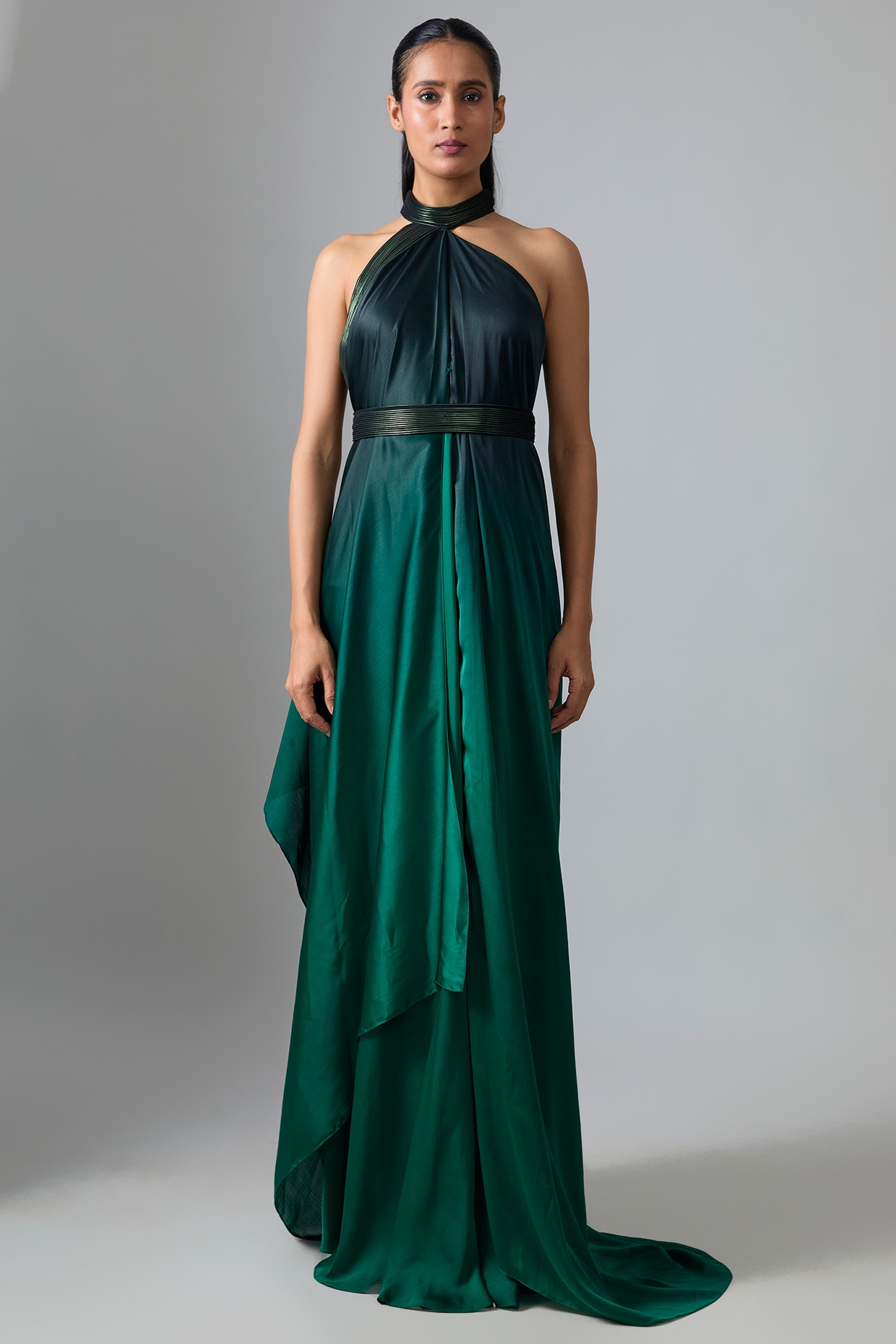 Amit Aggarwal Black & Emerald Satin Chiffon Maxi Dress