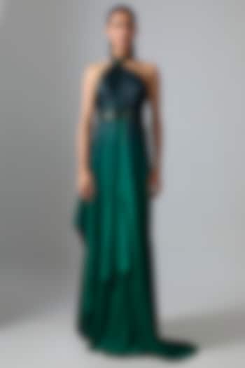 Black & Emerald Satin Chiffon Maxi Cocktail Dress by Amit Aggarwal at Pernia's Pop Up Shop