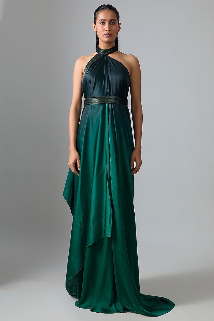 Black & Emerald Satin Chiffon Maxi Cocktail Dress by Amit Aggarwal at Pernia's Pop Up Shop