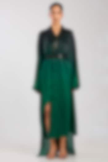 Black & Emerald Satin Chiffon Cape Set by Amit Aggarwal at Pernia's Pop Up Shop