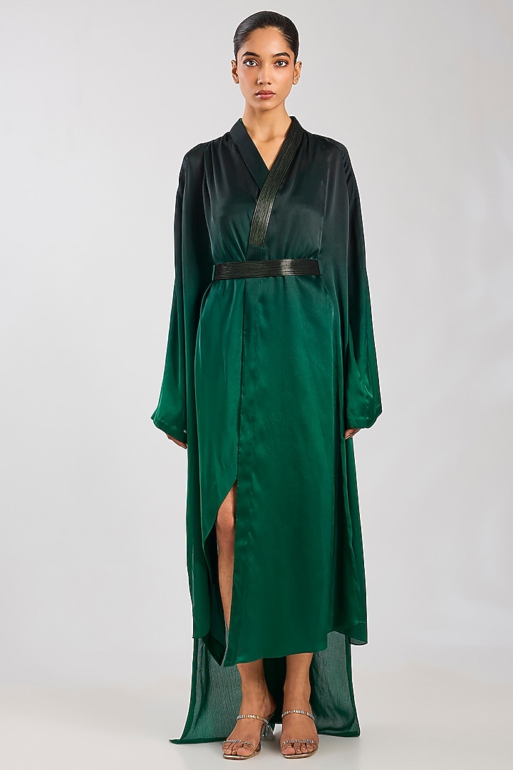Black & Emerald Satin Chiffon Cape Set by Amit Aggarwal at Pernia's Pop Up Shop