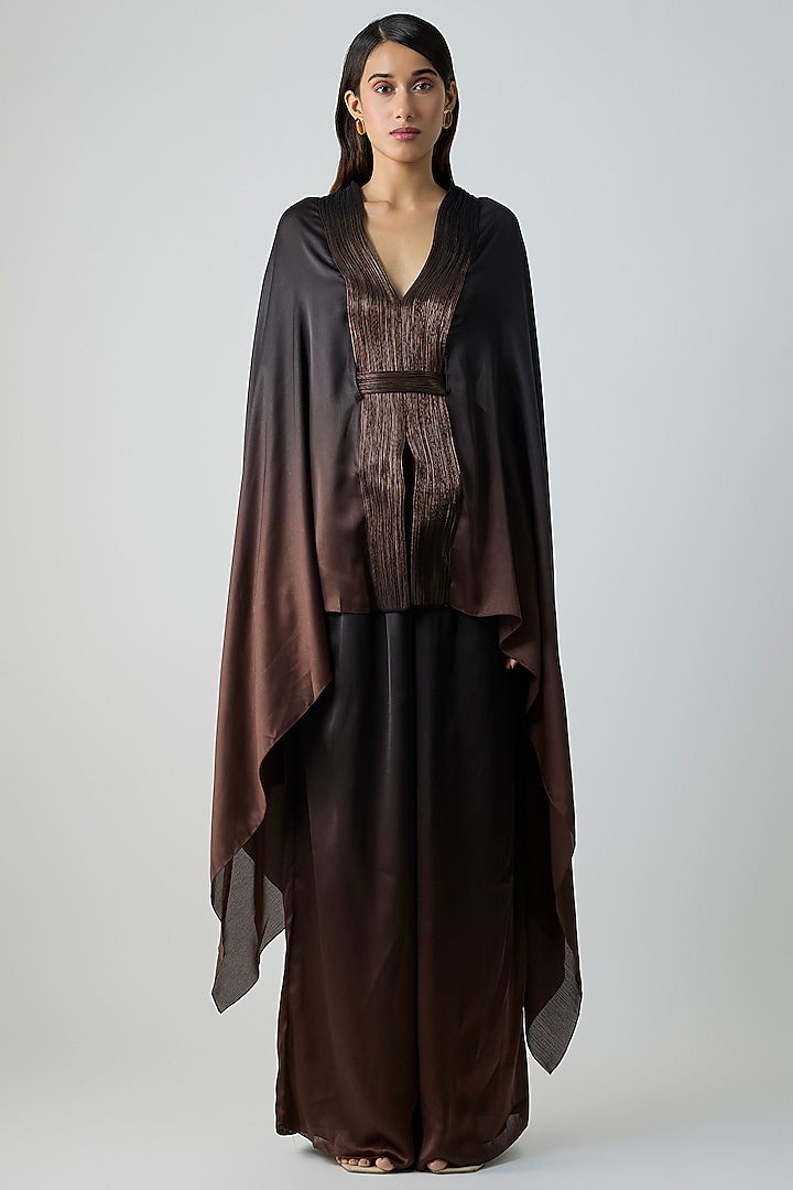 Black & Brown Satin Chiffon Cape Set by Amit Aggarwal at Pernia's Pop Up Shop