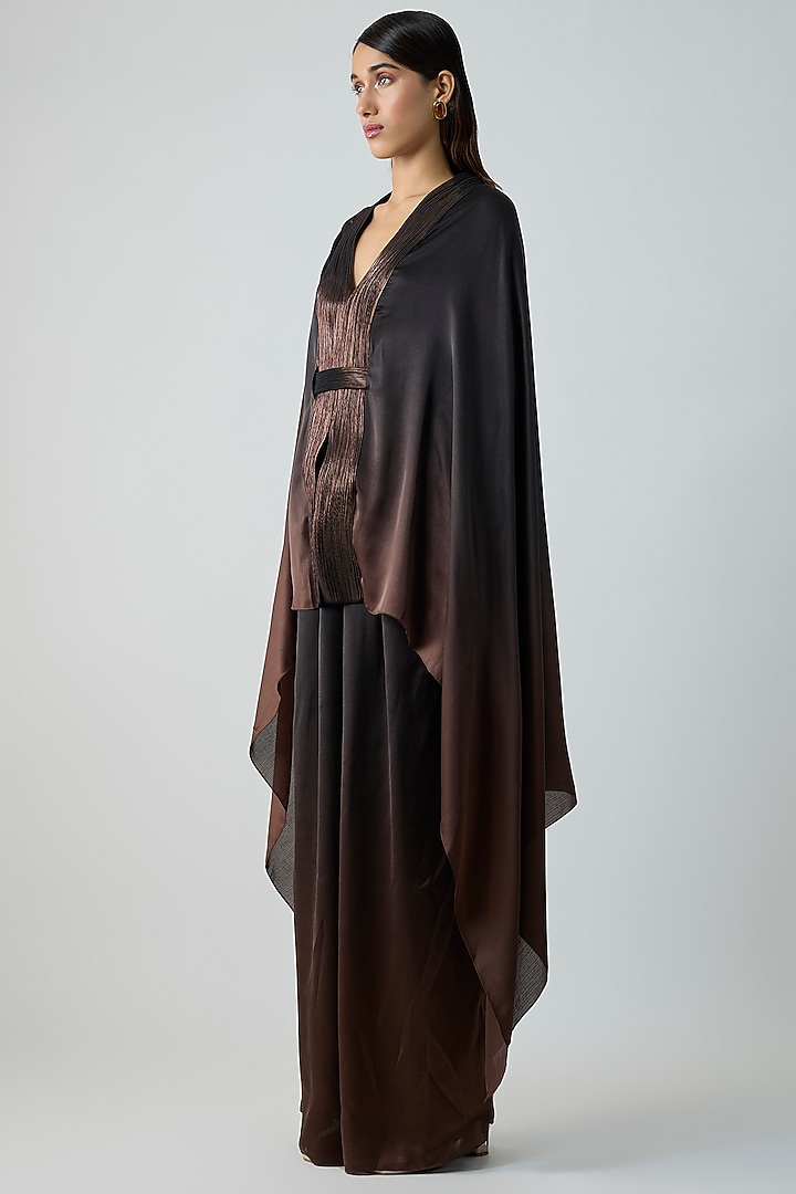 Black & Brown Satin Chiffon Cape Set by Amit Aggarwal at Pernia's Pop Up Shop