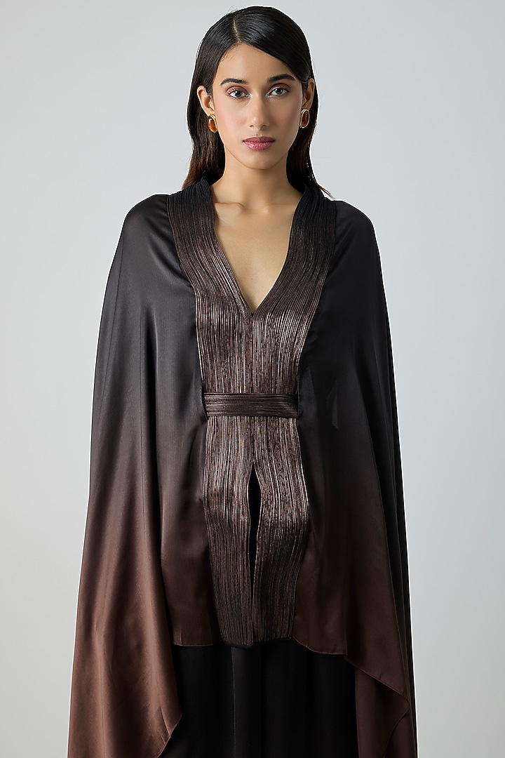 Black & Brown Satin Chiffon Cape Set by Amit Aggarwal at Pernia's Pop Up Shop