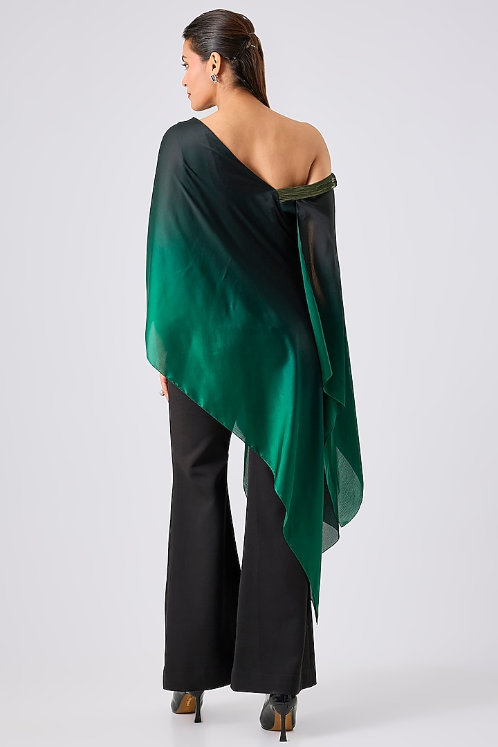 Black & Emerald Green Satin Chiffon One-Shoulder Top by Amit Aggarwal at Pernia's Pop Up Shop