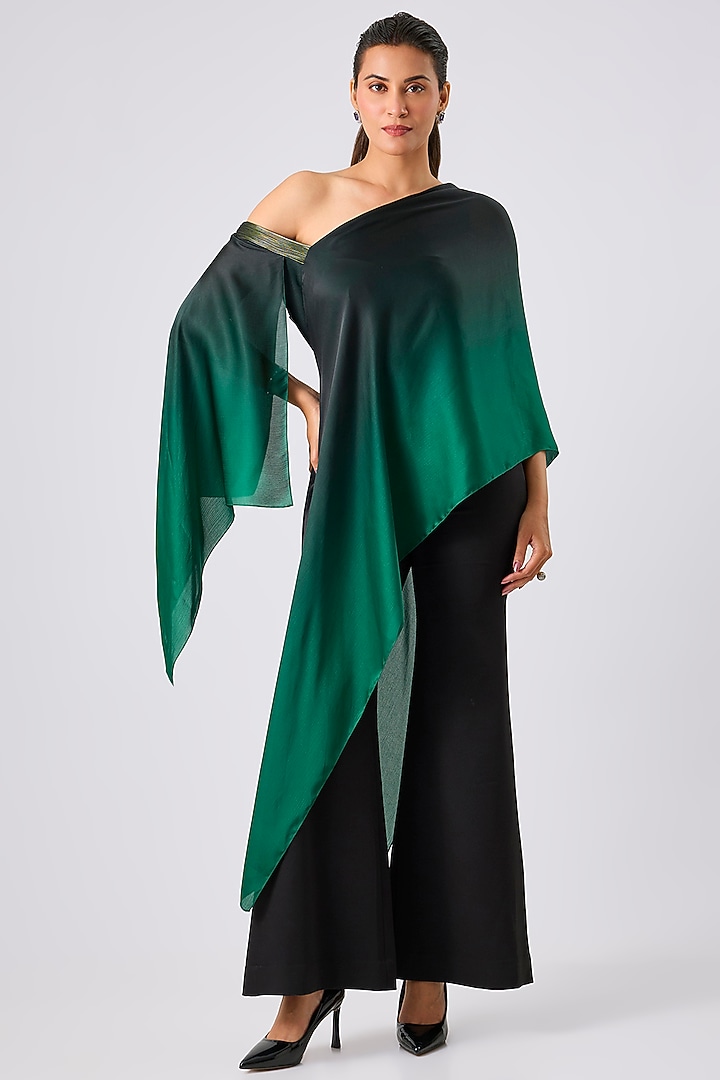 Black & Emerald Green Satin Chiffon One-Shoulder Top by Amit Aggarwal at Pernia's Pop Up Shop