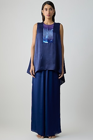 Ink Blue Satin Chiffon Top With Inner by Amit Aggarwal