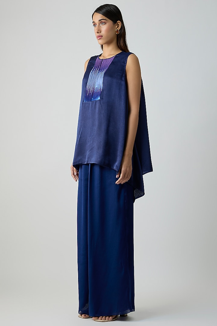 Ink Blue Satin Chiffon Top With Inner by Amit Aggarwal at Pernia's Pop Up Shop