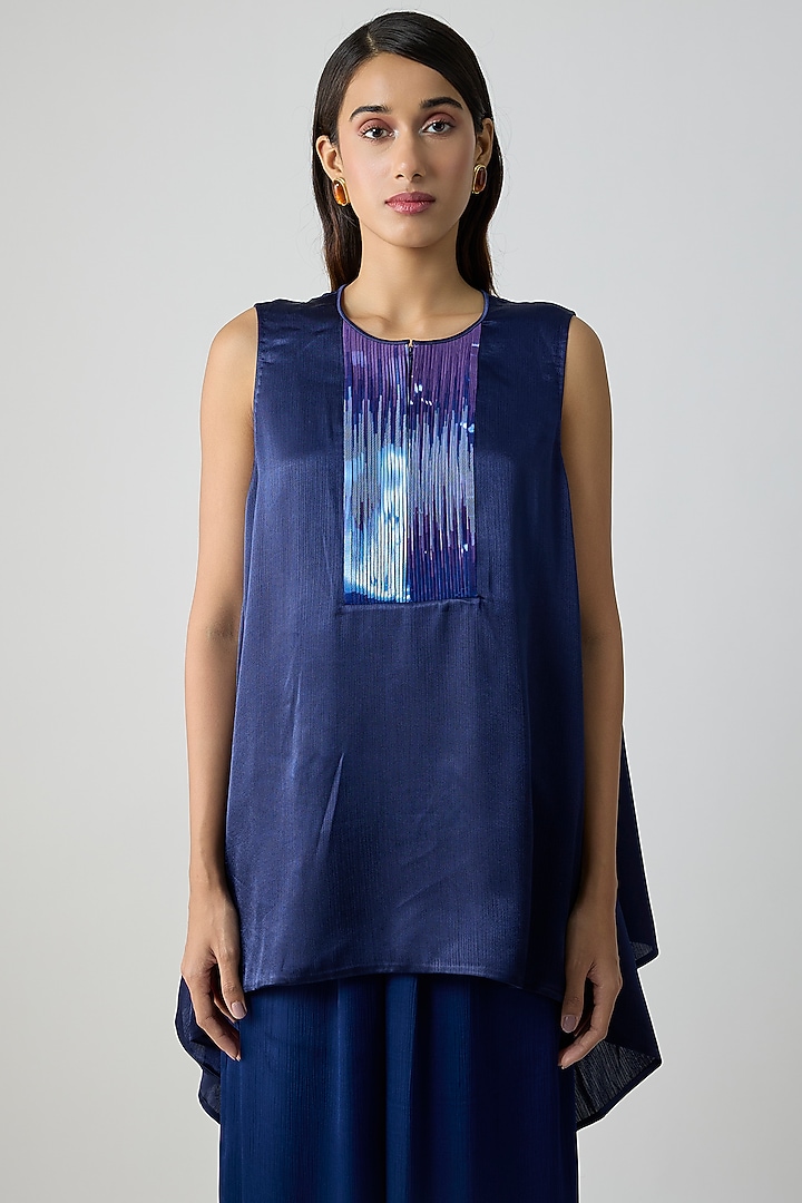Ink Blue Satin Chiffon Top With Inner by Amit Aggarwal at Pernia's Pop Up Shop