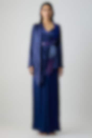 Ink Blue Satin Chiffon Cape With Inner by Amit Aggarwal at Pernia's Pop Up Shop
