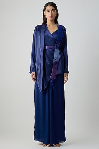 Ink Blue Satin Chiffon Cape With Inner by Amit Aggarwal