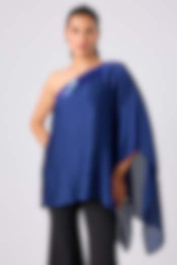 Ink Blue Satin Chiffon One-Shoulder Top by Amit Aggarwal at Pernia's Pop Up Shop