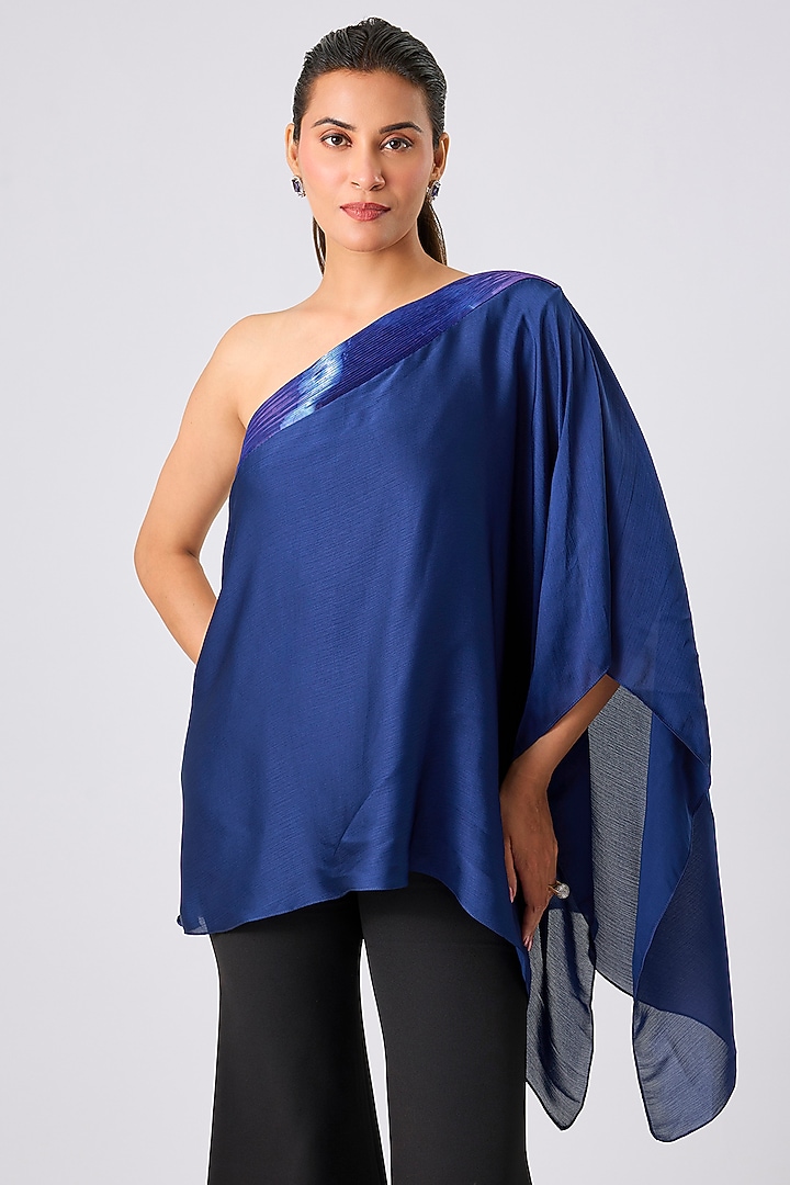 Ink Blue Satin Chiffon One-Shoulder Top by Amit Aggarwal at Pernia's Pop Up Shop