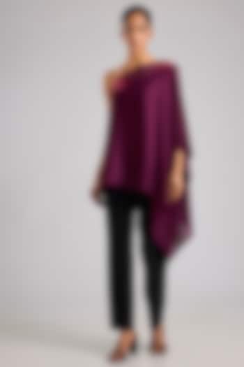 Plum Satin Chiffon One-Shoulder Top by Amit Aggarwal at Pernia's Pop Up Shop