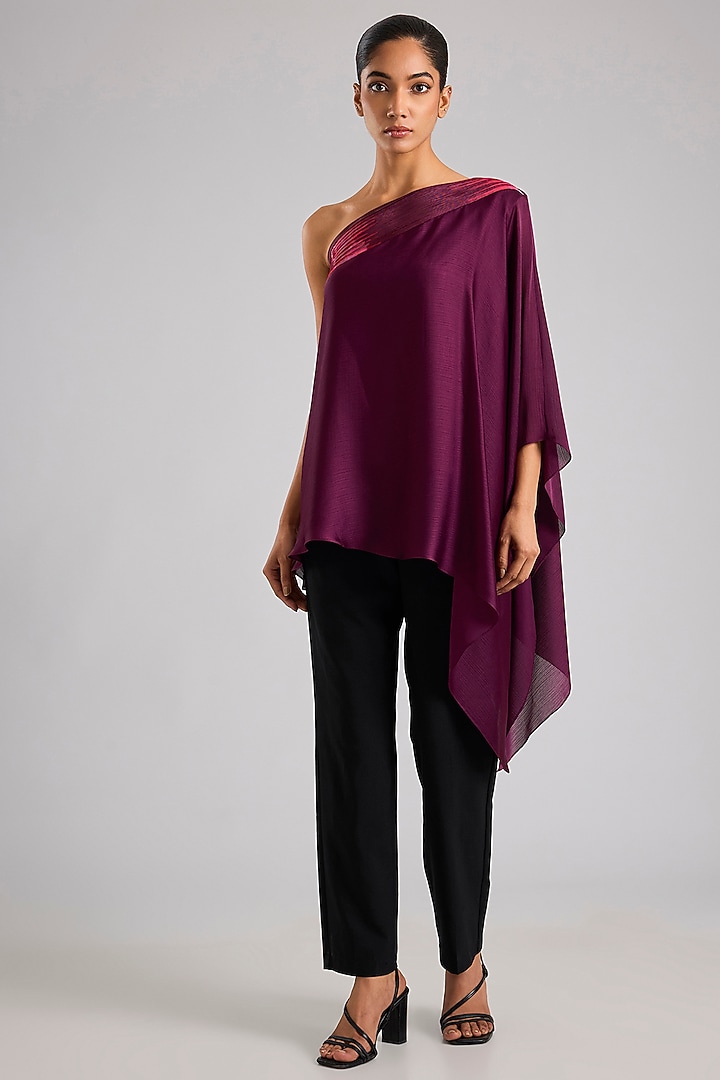 Plum Satin Chiffon One-Shoulder Top by Amit Aggarwal at Pernia's Pop Up Shop