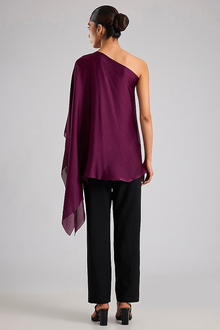 Plum Satin Chiffon One-Shoulder Top by Amit Aggarwal at Pernia's Pop Up Shop
