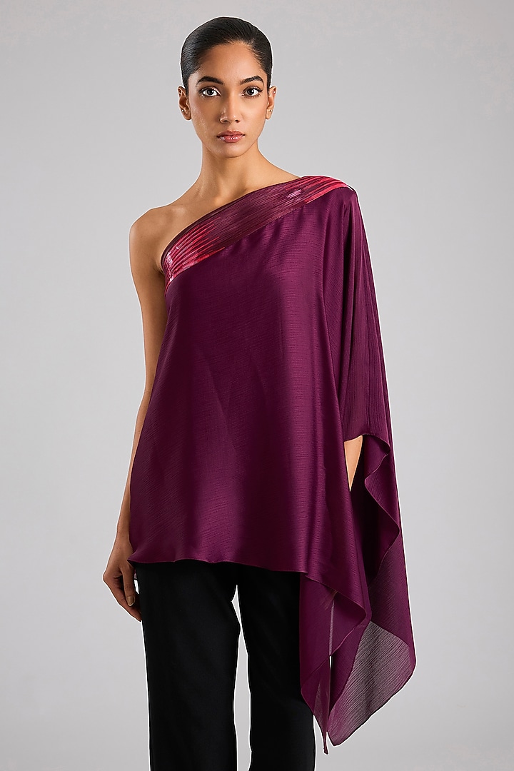Plum Satin Chiffon One-Shoulder Top by Amit Aggarwal at Pernia's Pop Up Shop