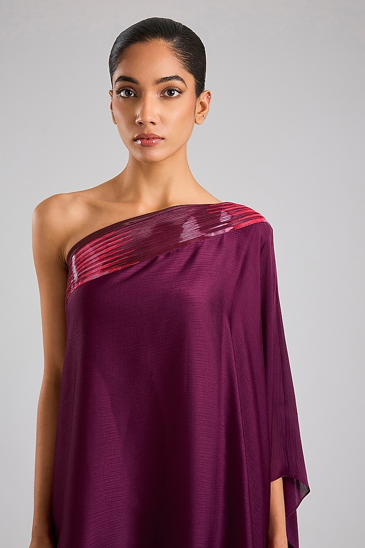 Plum Satin Chiffon One-Shoulder Top by Amit Aggarwal at Pernia's Pop Up Shop