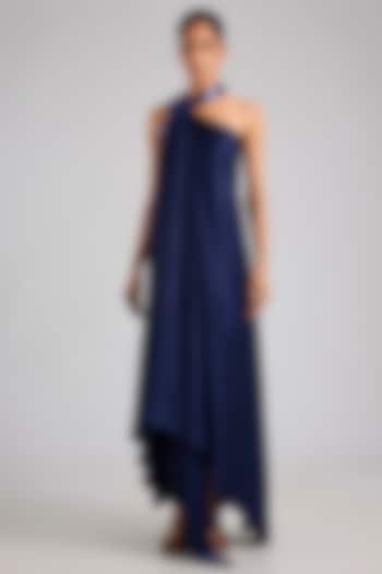 Ink Blue Satin Chiffon Maxi Cocktail Dress by Amit Aggarwal at Pernia's Pop Up Shop