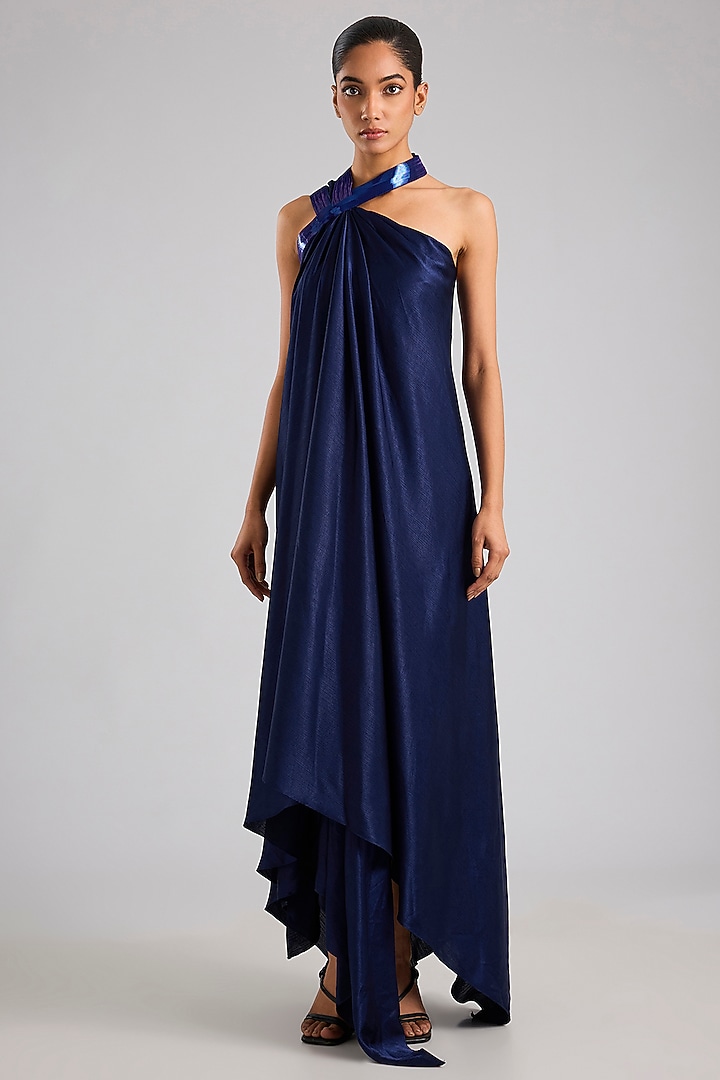 Ink Blue Satin Chiffon Maxi Cocktail Dress by Amit Aggarwal at Pernia's Pop Up Shop