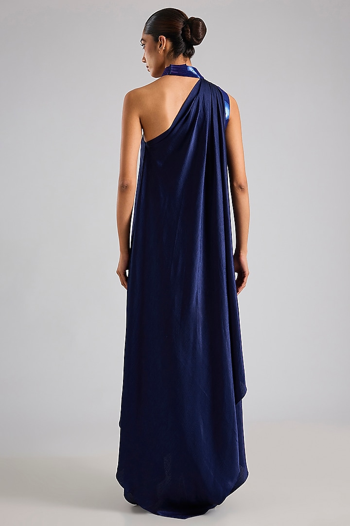 Ink Blue Satin Chiffon Maxi Cocktail Dress by Amit Aggarwal at Pernia's Pop Up Shop