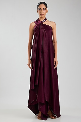Plum Satin Chiffon Maxi Dress by Amit Aggarwal