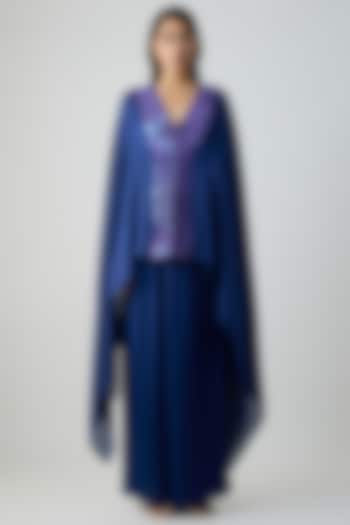 Ink Blue Satin Chiffon Cape Set by Amit Aggarwal at Pernia's Pop Up Shop