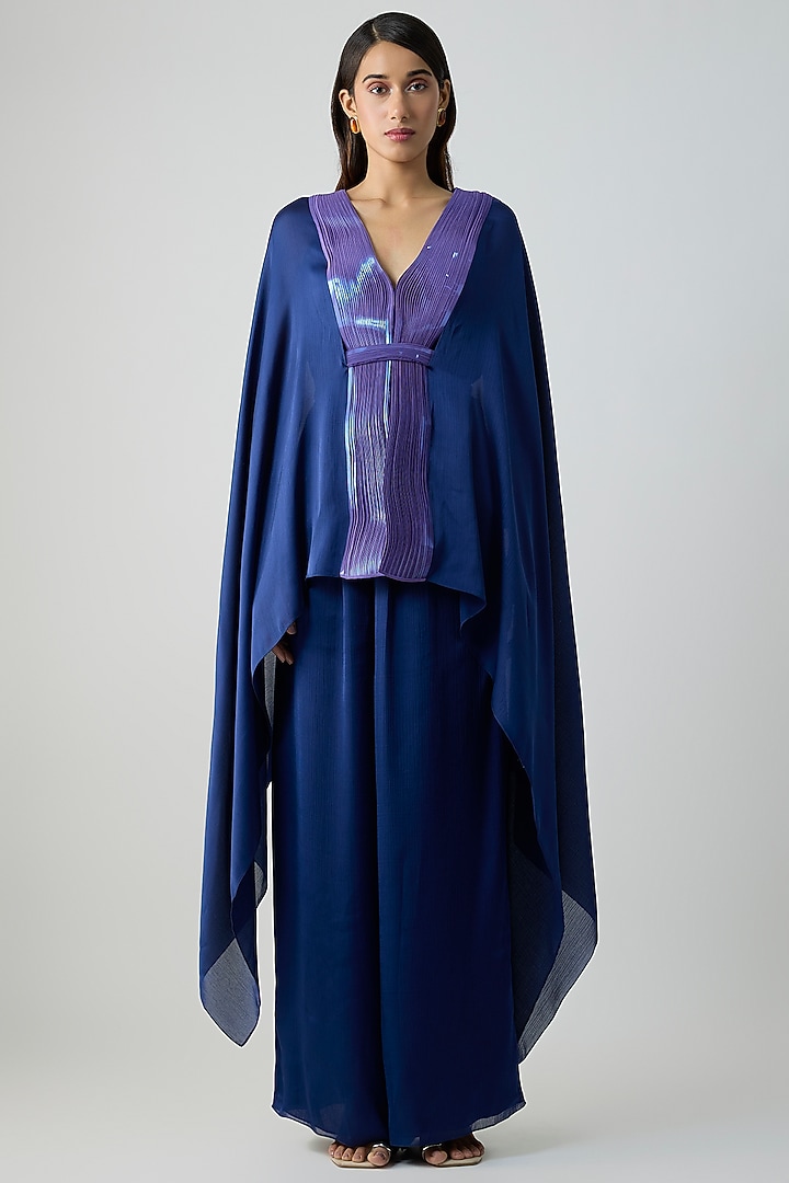 Ink Blue Satin Chiffon Cape Set by Amit Aggarwal at Pernia's Pop Up Shop