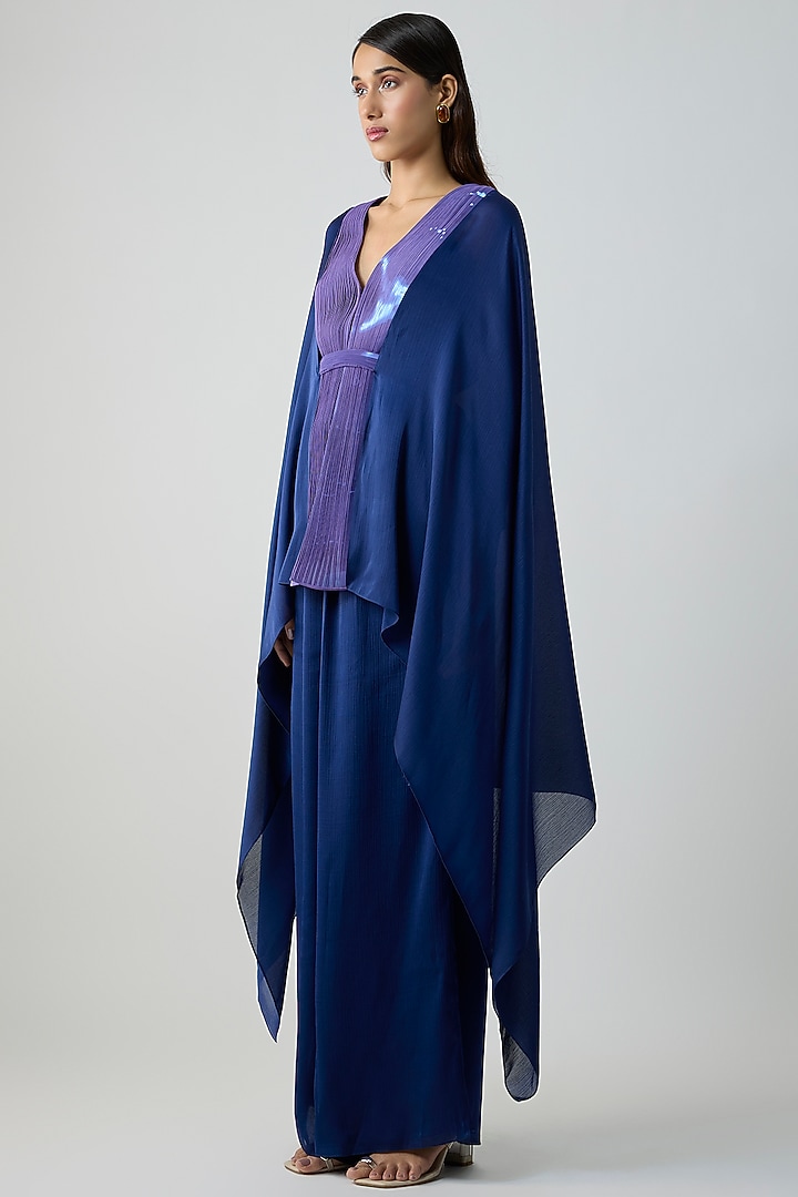 Ink Blue Satin Chiffon Cape Set by Amit Aggarwal at Pernia's Pop Up Shop